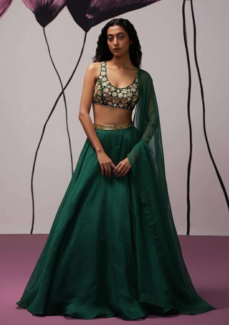 Bottle Green Hand Work Organza Lehenga Set - Indya