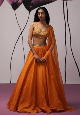 Orange Hand Work Organza Lehenga Set