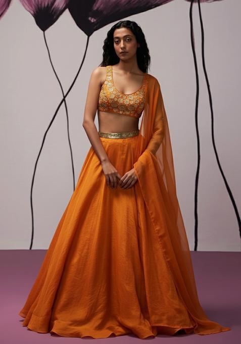 Orange Hand Work Organza Lehenga Set