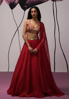 Red Hand Work Organza Lehenga Set