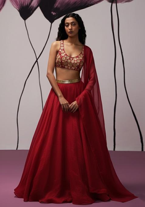 Red Hand Work Organza Lehenga Set — view on Indya