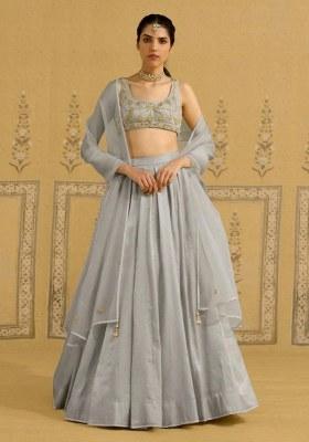 Grey Hand Work Crepe Lehenga Set