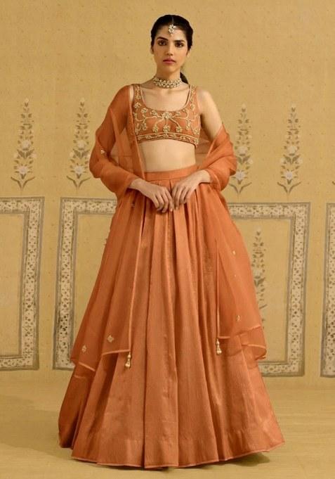 Burnt Orange Hand Work Crepe Lehenga Set