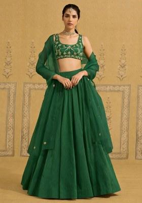 Dark Green Hand Work Crepe Lehenga Set