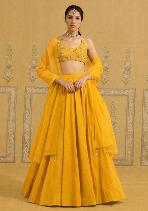 Mustard Hand Work Crepe Lehenga Set
