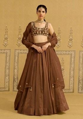 Brown Hand Work Crepe Lehenga Set