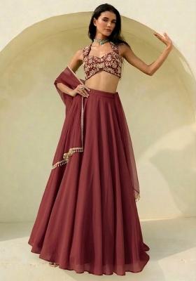 Rust Brown Hand Work Embroidered Georgette Lehenga Set