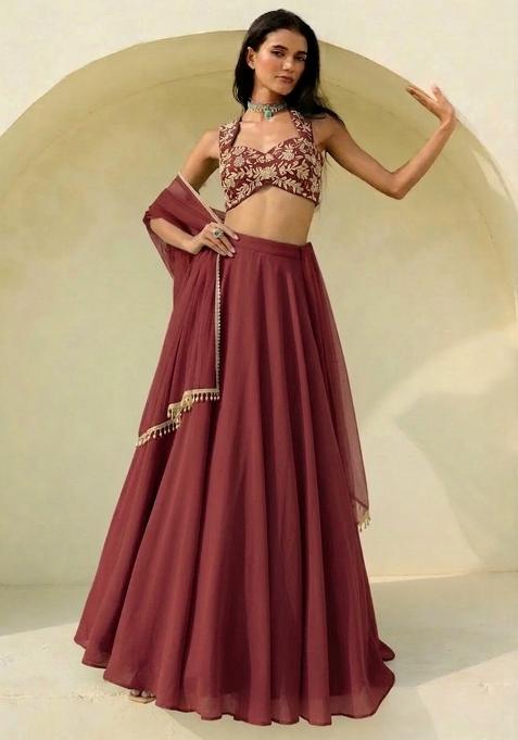 Rust Brown Hand Work Embroidered Georgette Lehenga Set