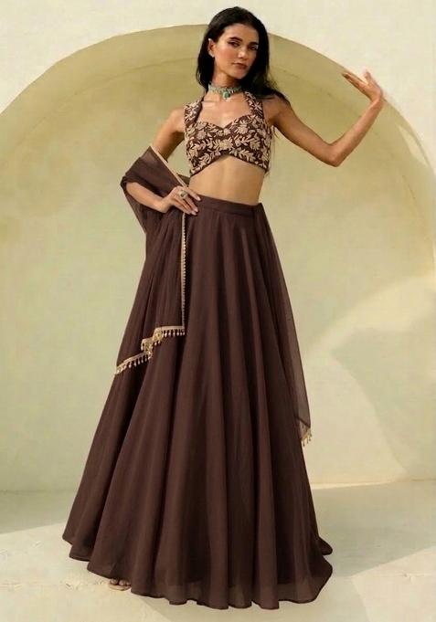 Coffee Brown Hand Work Embroidered Georgette Lehenga Set