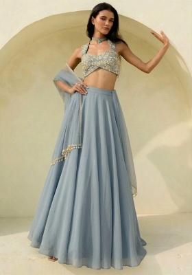 Deep Blue Hand Work Embroidered Georgette Lehenga Set