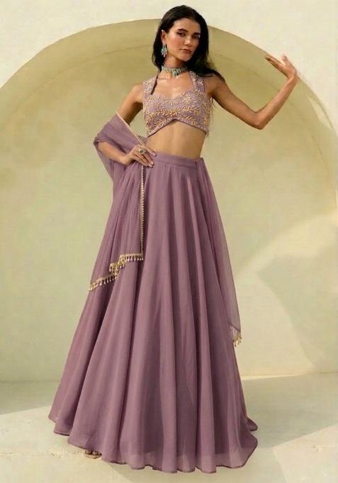 Mauve Hand Work Embroidered Georgette Lehenga Set