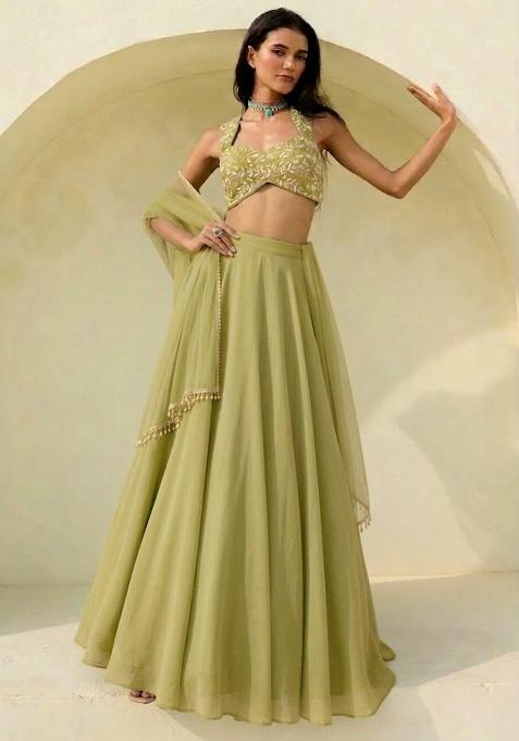 Light Green Hand Work Embroidered Georgette Lehenga Set