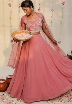 Coral Hand Work Embellished Georgette Lehenga Set