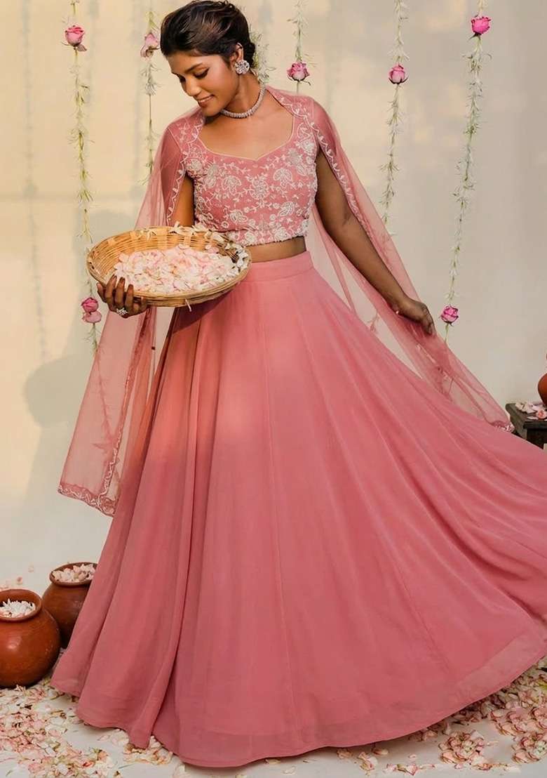 Coral Hand Work Embellished Georgette Lehenga Set - Indya