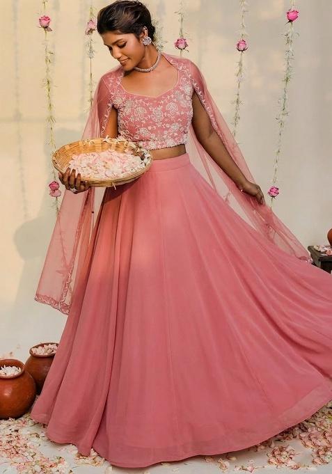 Coral Hand Work Embellished Georgette Lehenga Set