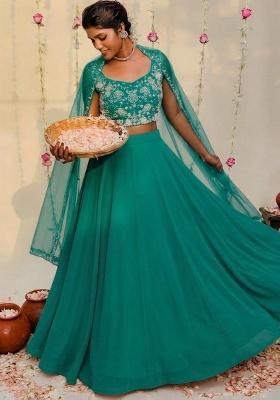 Deep Blue Hand Work Embellished Georgette Lehenga Set