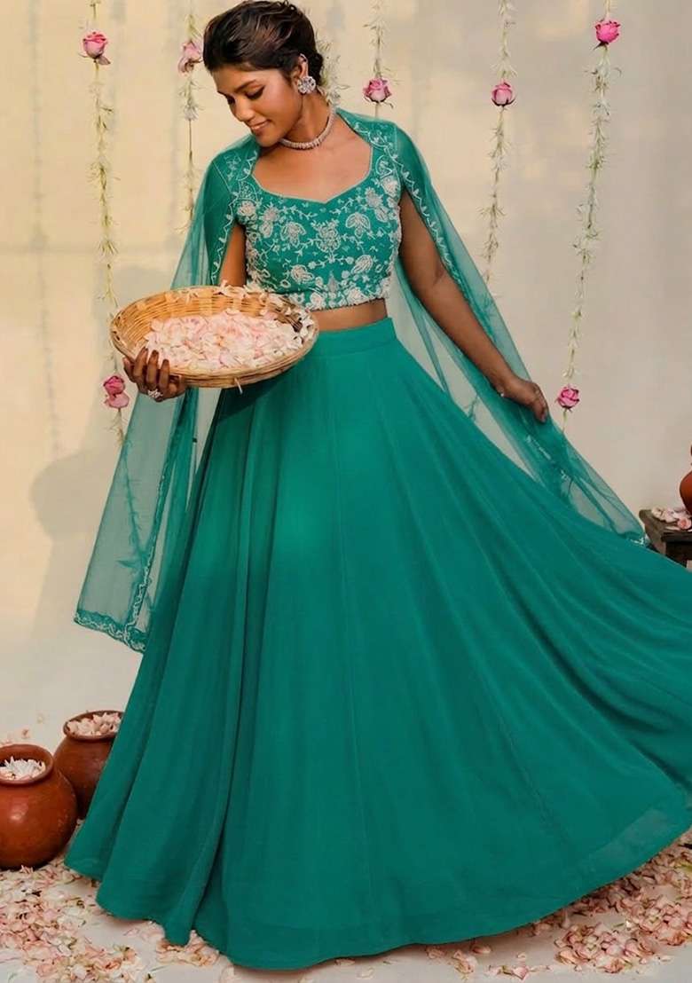 Deep Blue Hand Work Embellished Georgette Lehenga Set - Indya