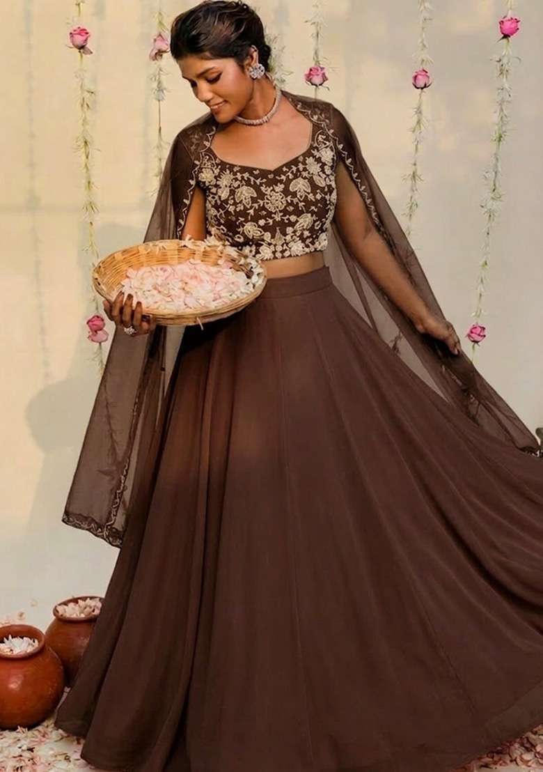 Dark Brown Hand Work Embellished Georgette Lehenga Set - Indya