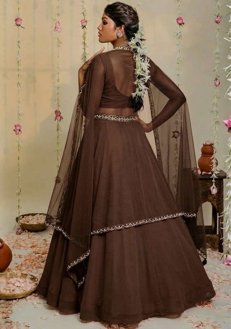 Dark Brown Hand Work Embellished Georgette Lehenga Set - Indya