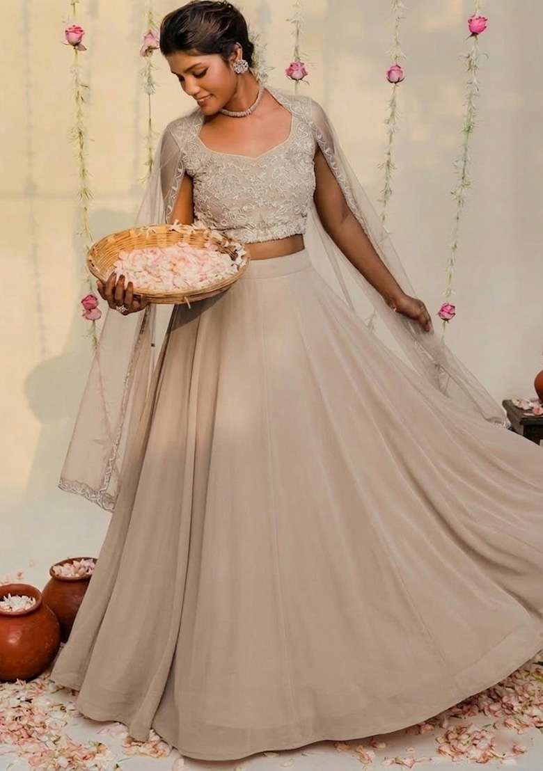 Beige Hand Work Embellished Georgette Lehenga Set - Indya