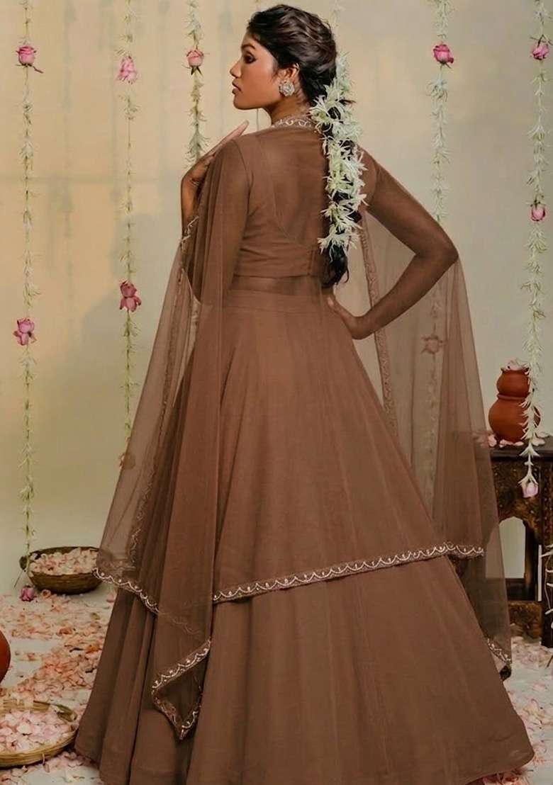Taupe Brown Hand Work Embellished Georgette Lehenga Set - Indya