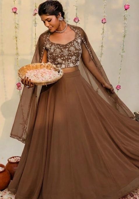 Taupe Brown Hand Work Embellished Georgette Lehenga Set