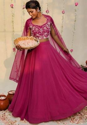 Hot Pink Hand Work Embellished Georgette Lehenga Set