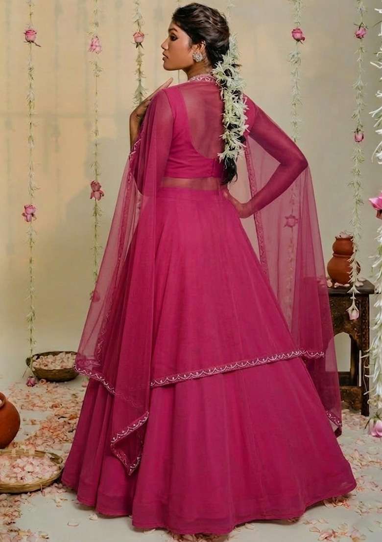Hot Pink Hand Work Embellished Georgette Lehenga Set - Indya