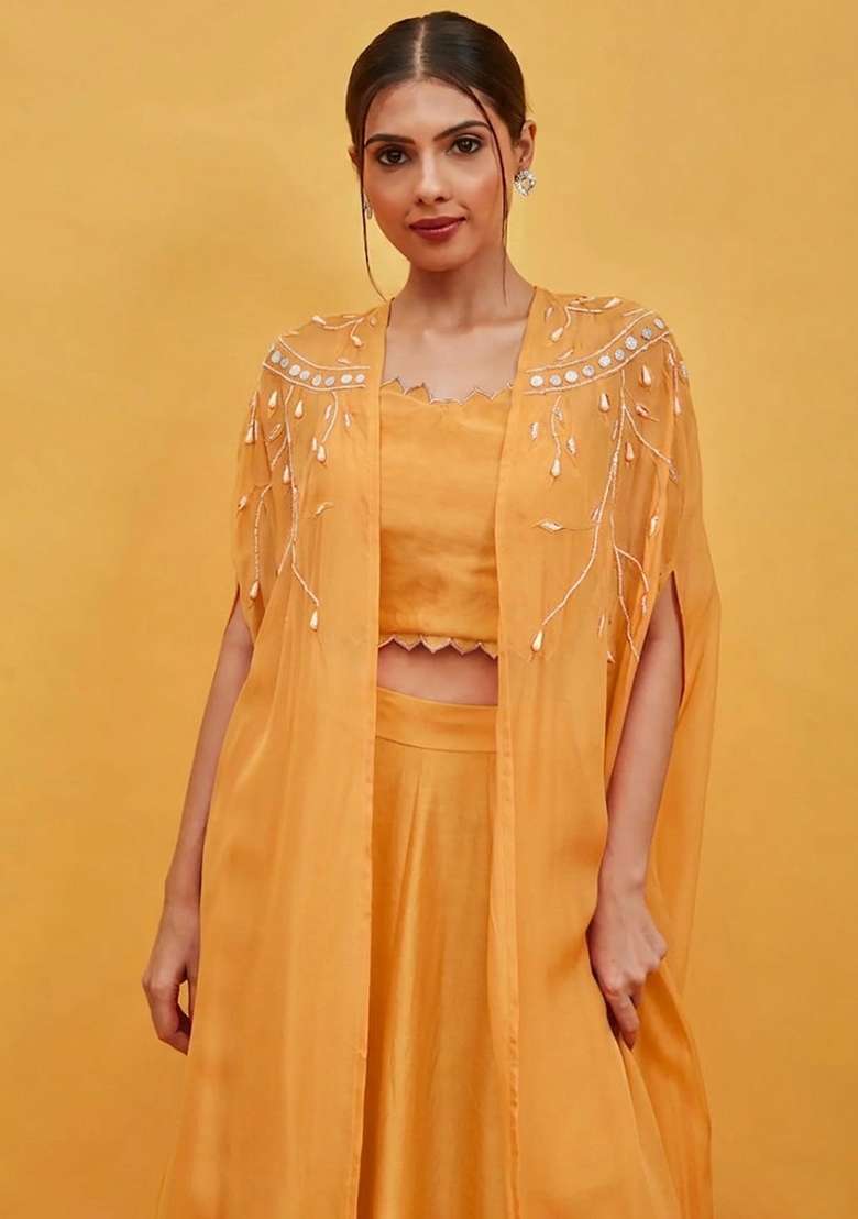 Mustard Crepe Handwork Lehenga Set - Indya