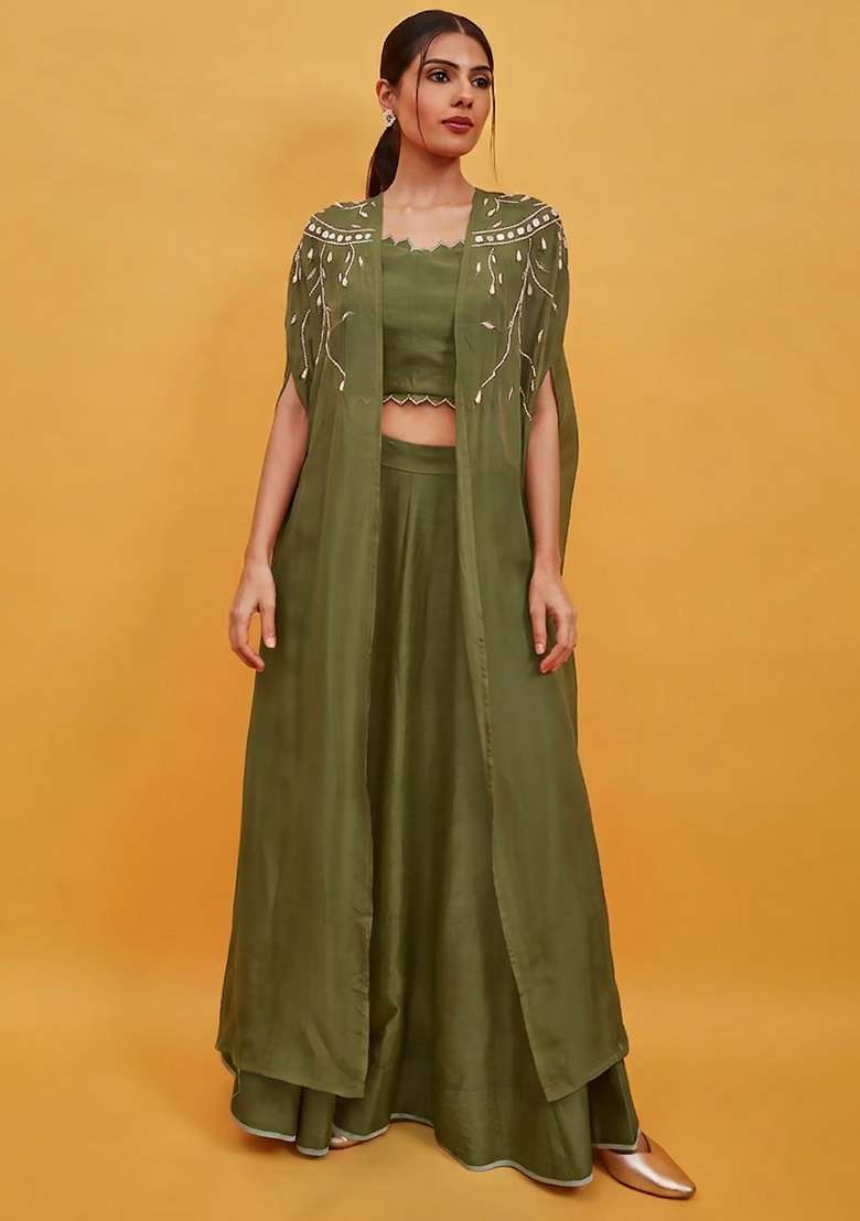 Olive Green Crepe Handwork Lehenga Set - Indya