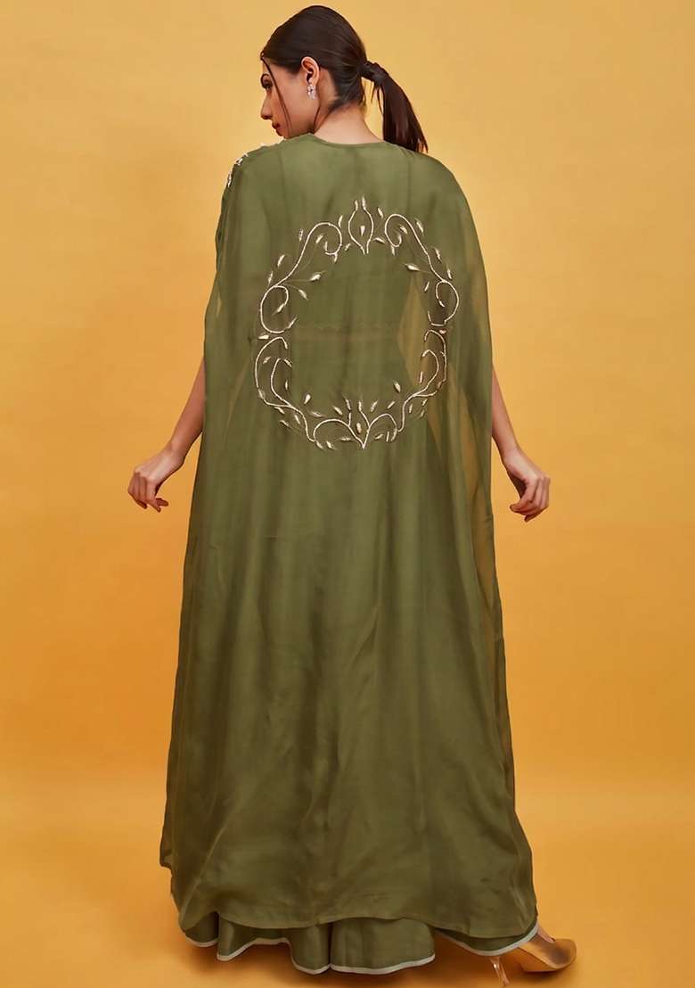 Olive Green Crepe Handwork Lehenga Set - Indya