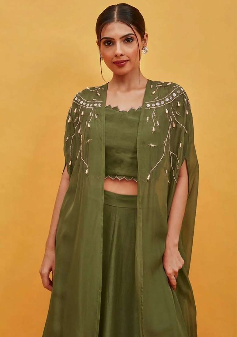 Olive Green Crepe Handwork Lehenga Set - Indya