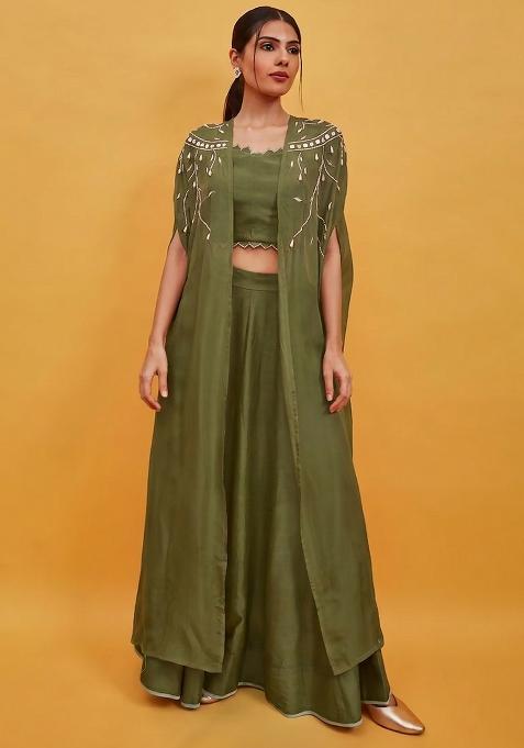 Olive Green Crepe Handwork Lehenga Set