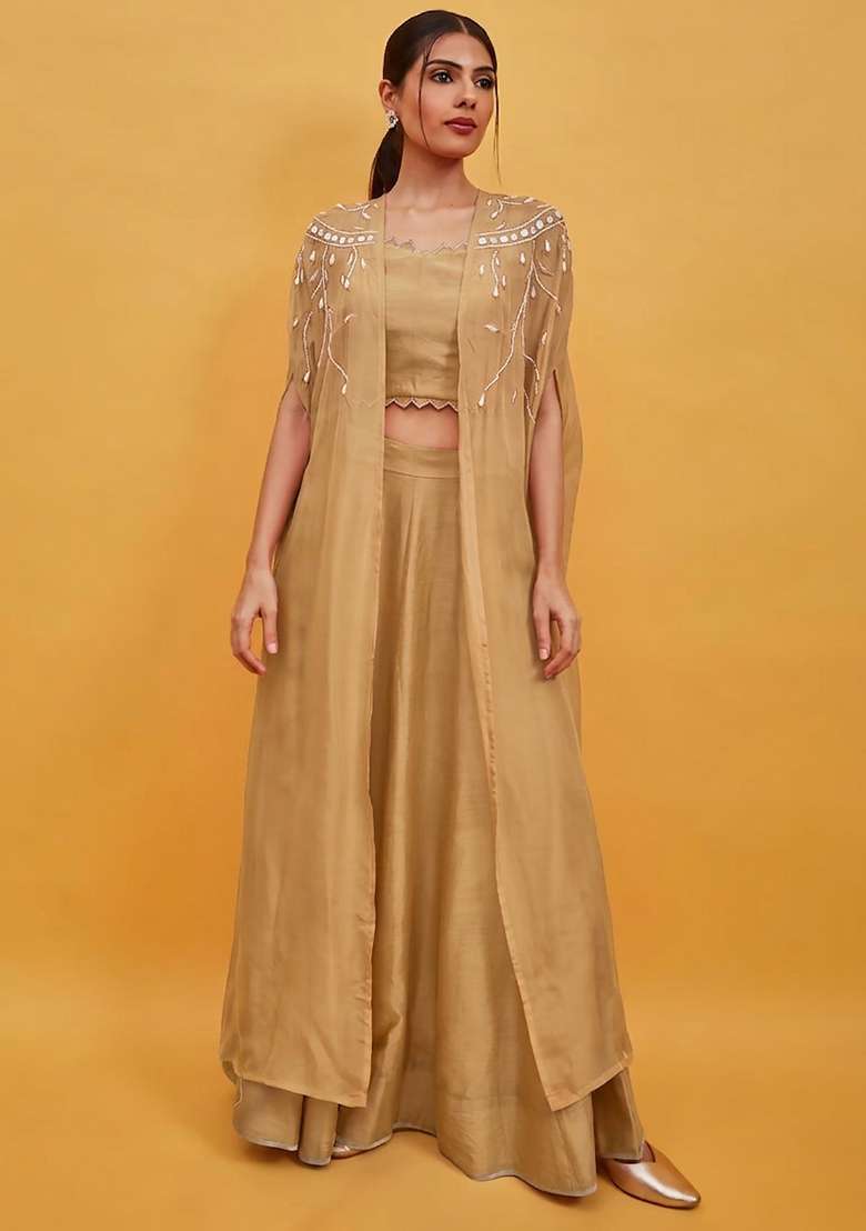 Beige Crepe Handwork Lehenga Set - Indya