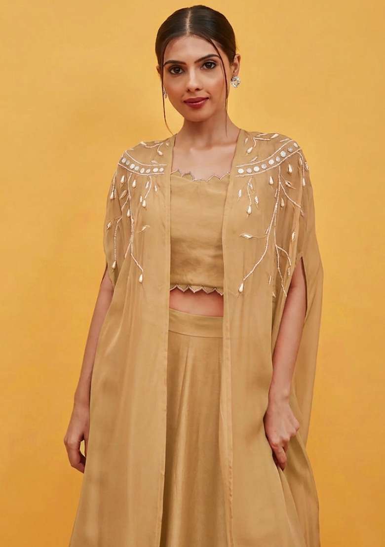 Beige Crepe Handwork Lehenga Set - Indya