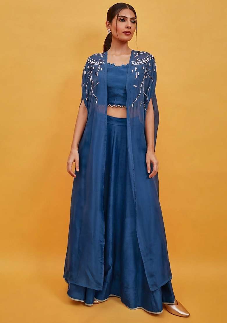 Dark Blue Crepe Handwork Lehenga Set - Indya