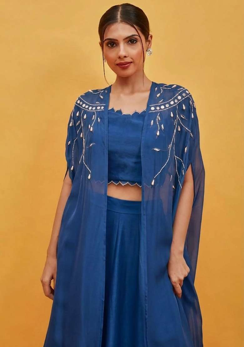 Dark Blue Crepe Handwork Lehenga Set - Indya