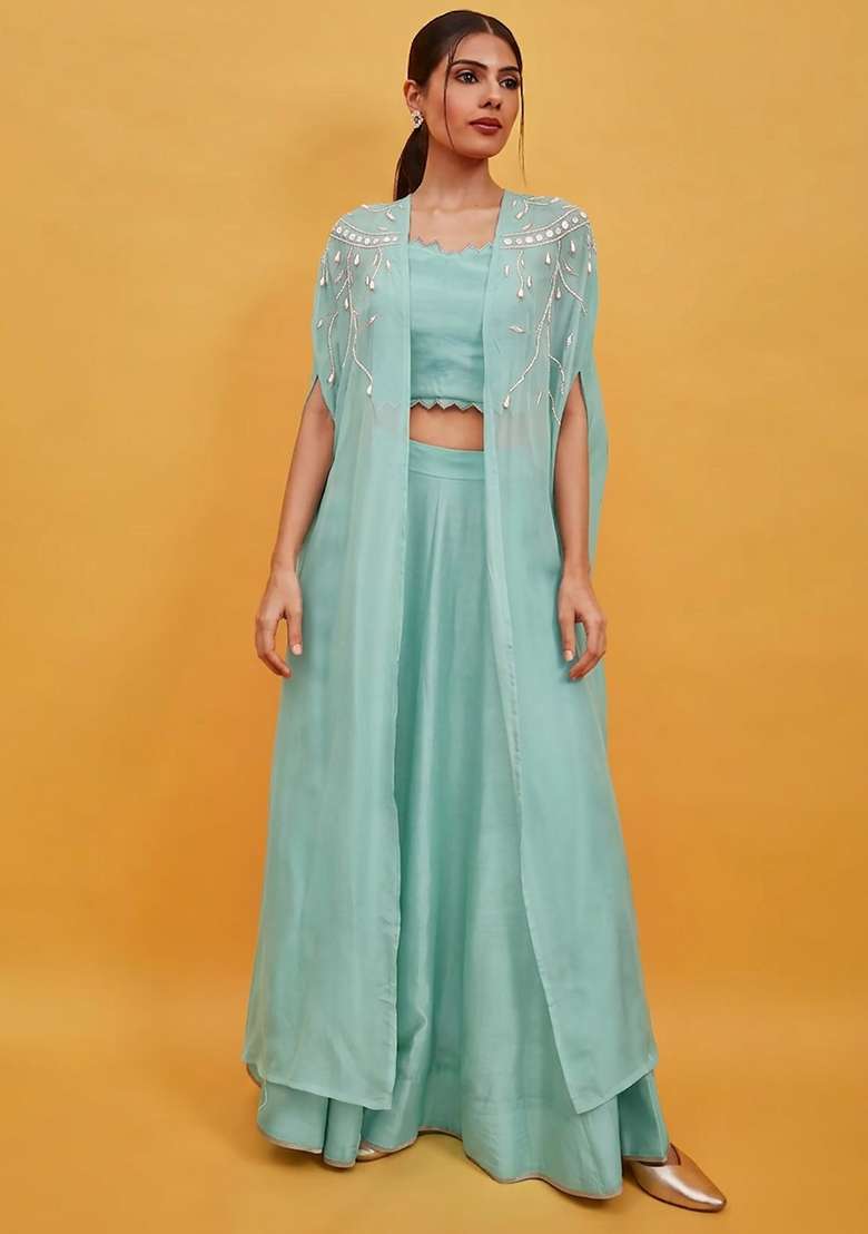 Sky Blue Crepe Handwork Lehenga Set - Indya