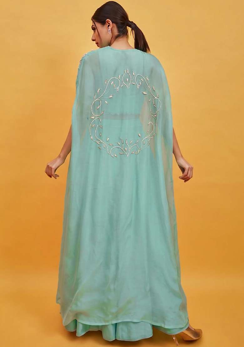 Sky Blue Crepe Handwork Lehenga Set - Indya