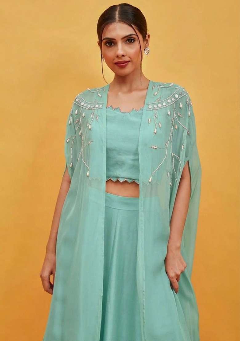 Sky Blue Crepe Handwork Lehenga Set - Indya