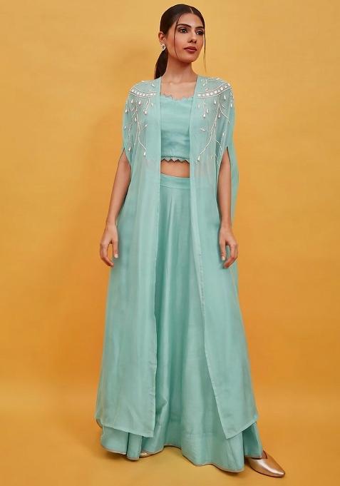 Sky Blue Crepe Handwork Lehenga Set