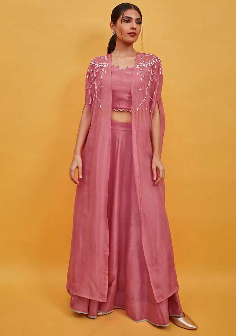 Pink Crepe Handwork Lehenga Set - Indya