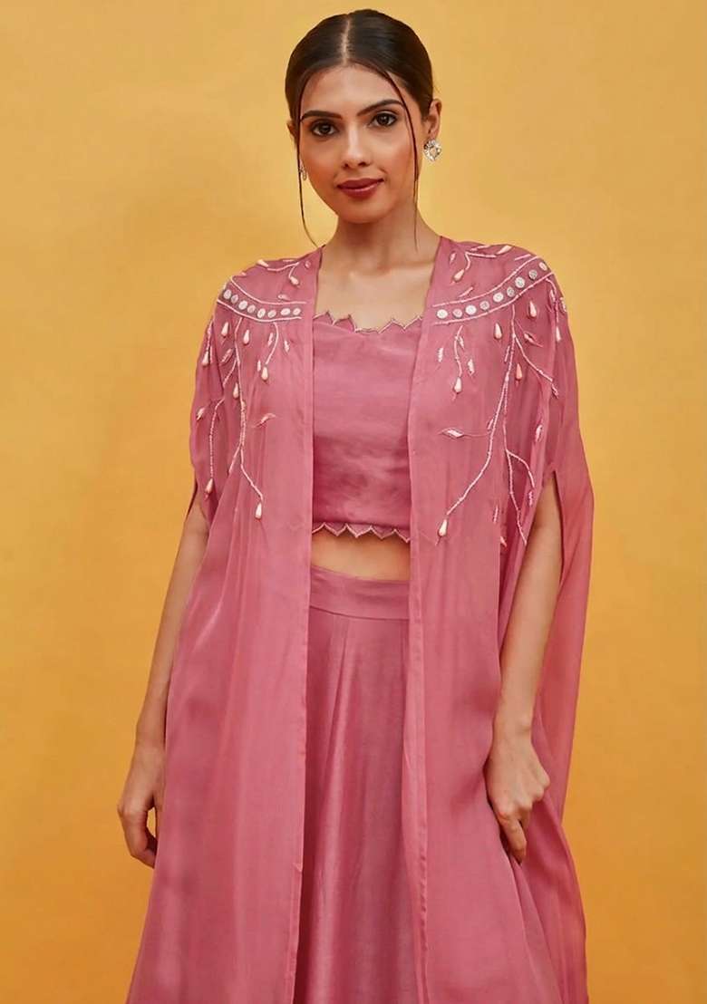 Pink Crepe Handwork Lehenga Set - Indya
