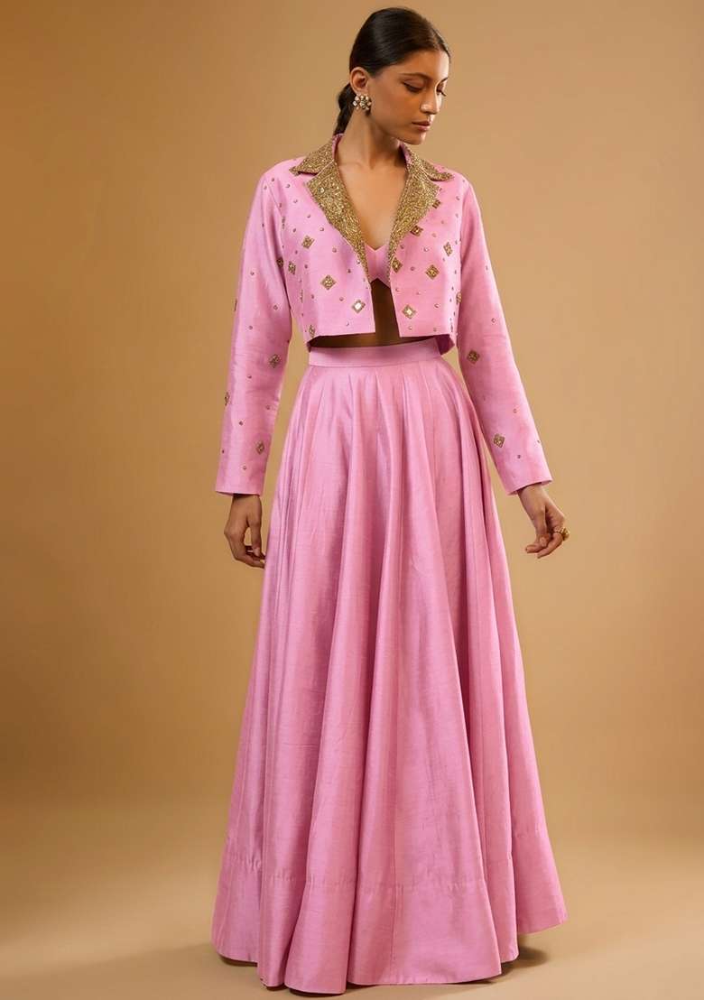 Baby Pink Silk Blend Handwork Lehenga Set - Indya