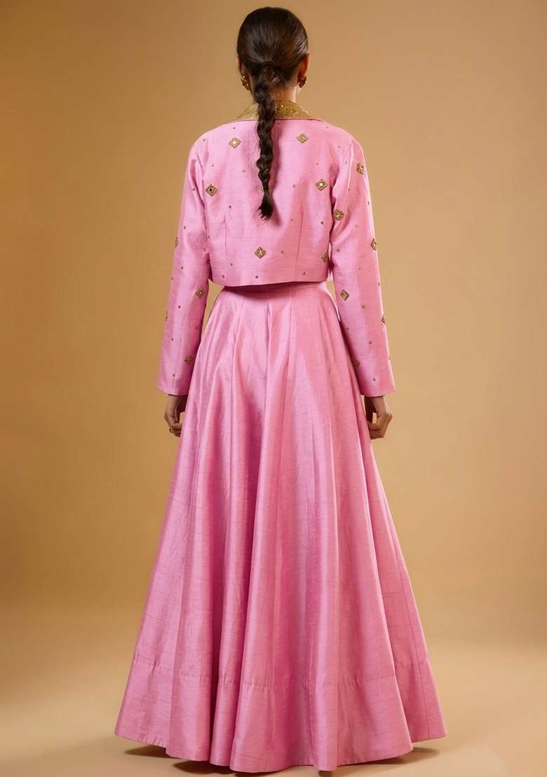 Baby Pink Silk Blend Handwork Lehenga Set - Indya
