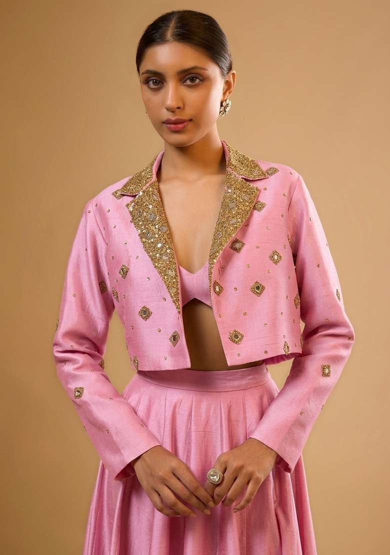 Baby Pink Silk Blend Handwork Lehenga Set - Indya