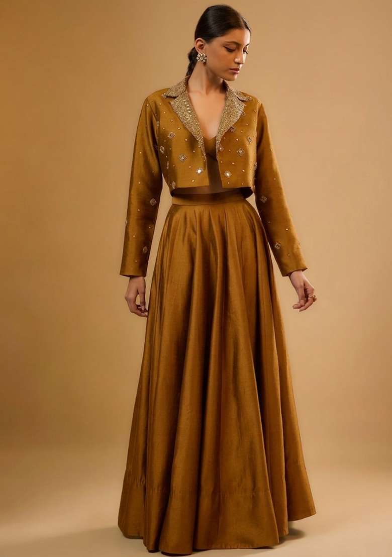 Olive Brown Silk Blend Handwork Lehenga Set - Indya