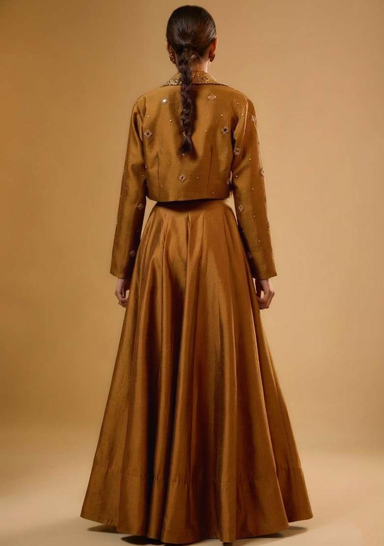 Olive Brown Silk Blend Handwork Lehenga Set - Indya