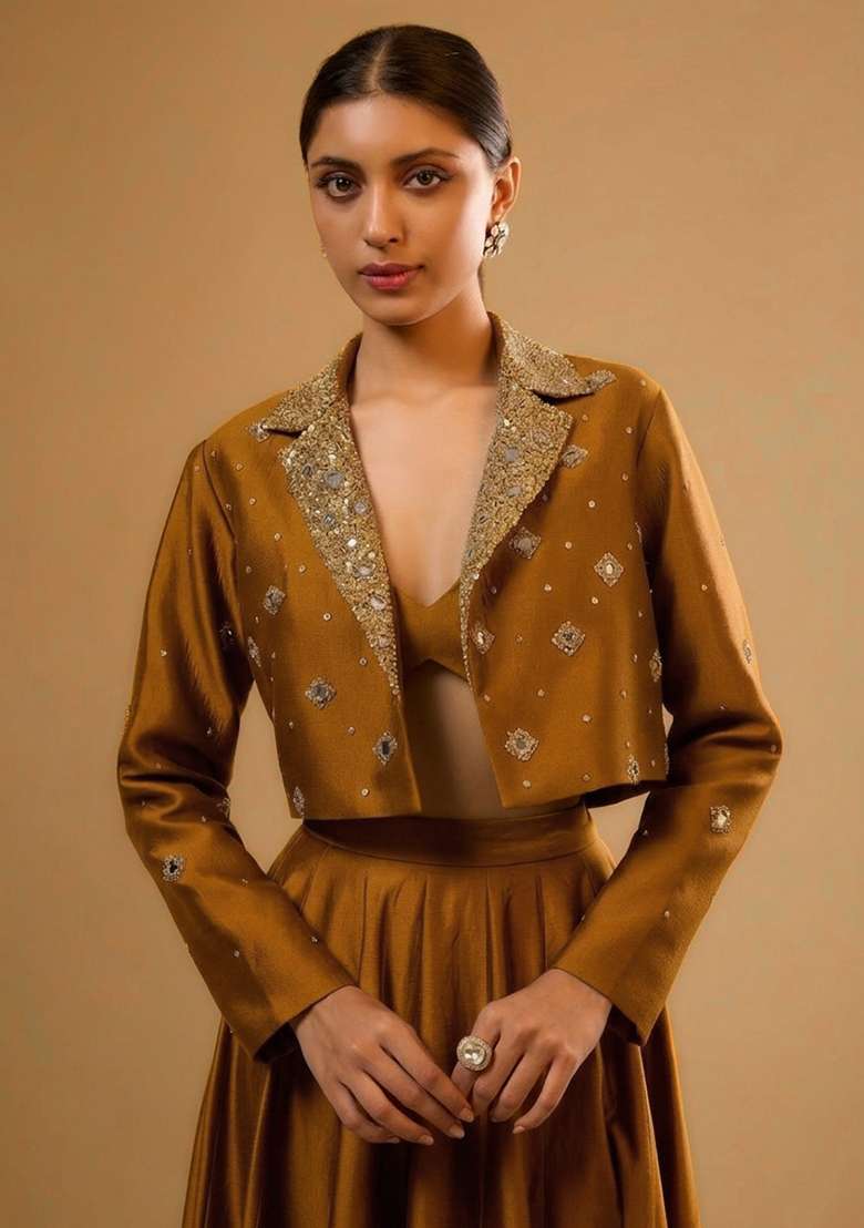 Olive Brown Silk Blend Handwork Lehenga Set - Indya