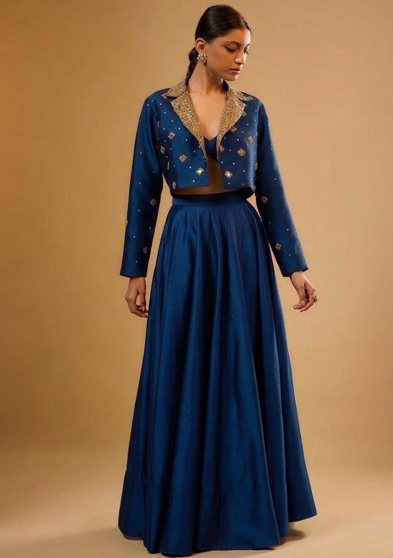 Deep Blue Silk Blend Handwork Lehenga Set - Indya